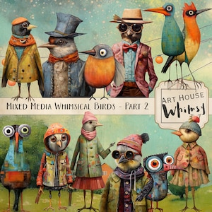 Mixed Media Whimsical Birds Part 2, Grafica eccentrica per uccelli, Uso commerciale, Riviste spazzatura, 12 Png, 12 Carte e 18 Fogli stampabili