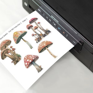 May include: Printable sheet of mushroom illustrations. The sheet includes a variety of mushroom shapes and colors, including red, orange, yellow, and brown. The sheet is titled "Art House Whimsy - From The Forest Part 2 - Front 2".