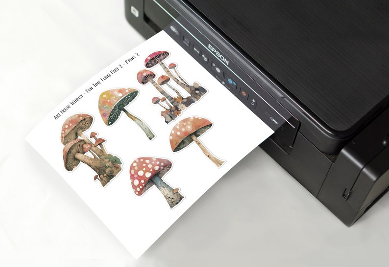 May include: Printable sheet of mushroom illustrations. The sheet includes a variety of mushroom shapes and colors, including red, orange, yellow, and brown. The sheet is titled "Art House Whimsy - From The Forest Part 2 - Front 2".