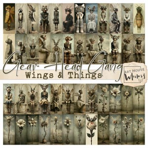 Könnte beinhalten: Eine Collage mit Steampunk-Figuren mit insektenartigen Flügeln und mechanischen Elementen. Die Figuren sind in verschiedenen Posen, einige sitzen, andere stehen. Das Bild enthält den Text "Gear Head Gang Wings & Things" und das Logo "Art House Whimsy".