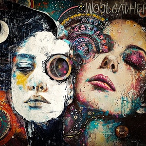 May include: A colorful abstract painting with two faces, one with a closed eye and a monocle, the other with eyes closed and a pink mouth. The painting has a dark background with a starry sky and a crescent moon. The text "Woolgathering" is written in white at the top of the painting.