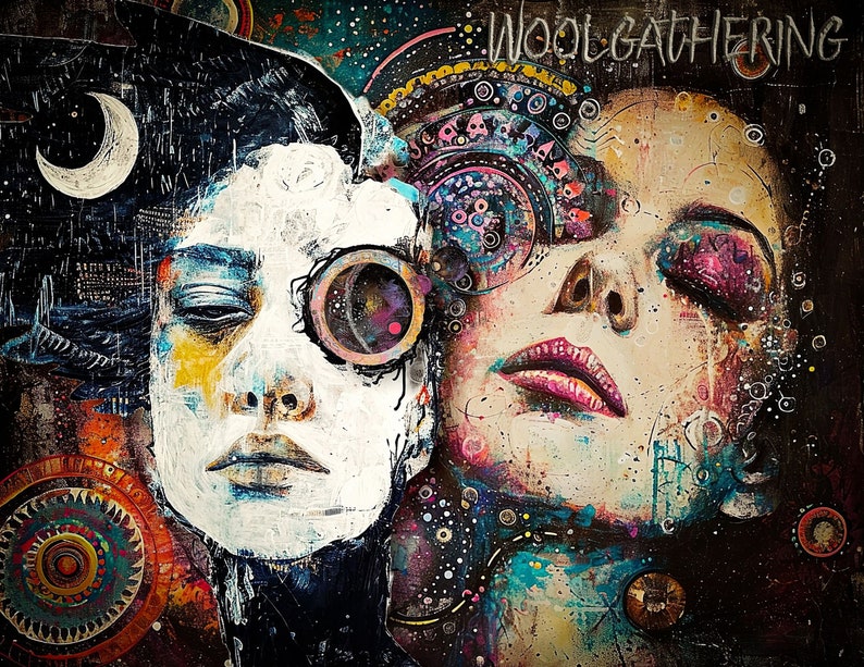 May include: A colorful abstract painting with two faces, one with a closed eye and a monocle, the other with eyes closed and a pink mouth. The painting has a dark background with a starry sky and a crescent moon. The text "Woolgathering" is written in white at the top of the painting.