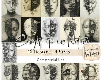 Caught up in Nature:  Floral Face Art Prints, Black and White Sketch, Nature Portrait (Digital Download)