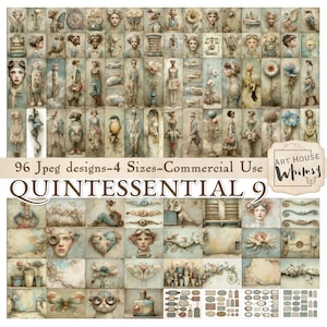 May include: A collage of 96 digital designs with a vintage aesthetic. The designs feature whimsical illustrations of figures, animals, and decorative elements in muted tones. The text "QUINTESSENTIAL 9" is displayed prominently.