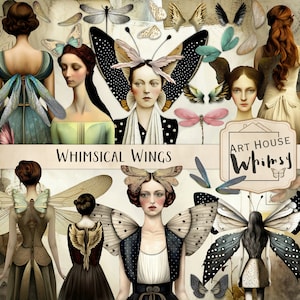 Whimsical Wings Vintage Painterly Ladies Wings Junk Journal Uso Comercial, Download Digital, 30 Elementos, 2 Papéis e 7 Folhas para Imprimir