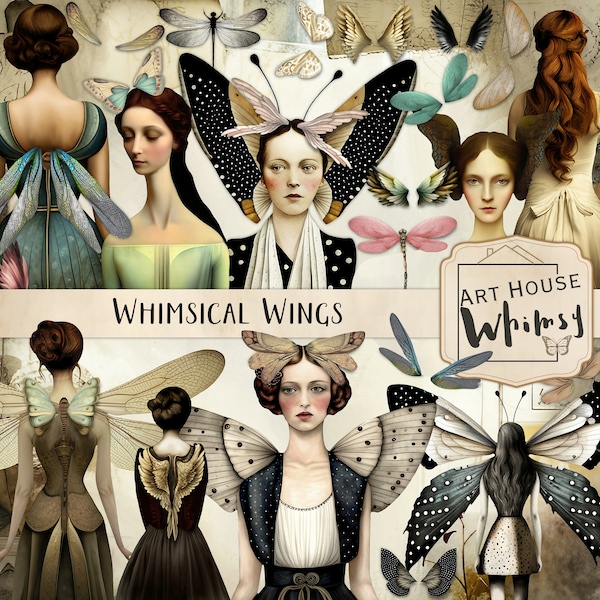 Whimsical Wings Vintage Painterly Ladies Wings Junk Journal Commercial Use, Digital Download, 30 Elements, 2 Papers & 7 Printable Sheets