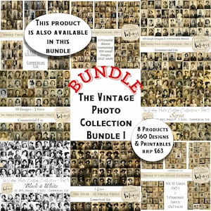 K&ouml;nnte beinhalten: Eine Collage aus Vintage-Fotos in Schwarzwei&szlig; und Sepia. Der Text "The Vintage Photo Collection Bundle 1" befindet sich in einem roten Kreis. Der Text "8 Products 560 Designs & Printables RRP &pound;63" befindet sich in einem wei&szlig;en Kreis. Der Text "Art House Whimsy" befindet sich in einem wei&szlig;en Rechteck mit schwarzem Rand.