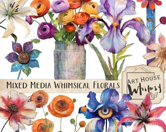 Mixed Media Whimsical Flowers:  PNG Clipart Mixed Media Flowers, Commercial Use (Digital Download)