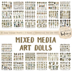 Puede incluir: Una colección de hojas de collage de muñecas de arte de técnica mixta de estilo vintage. Las hojas presentan varias figuras de muñecas, ropa y accesorios en tonos sepia. El texto "MIXED MEDIA ART DOLLS" se muestra de forma destacada. La imagen también incluye el texto "32 Jpeg Collage Sheets - 3 Sizes - Commercial Use (see TOU)".