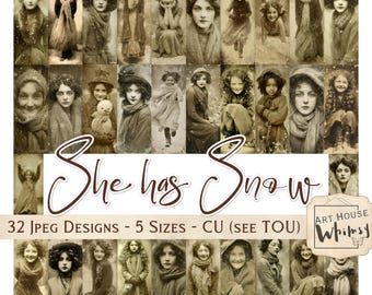 She has Snow:  Vintage Winter Portrait Clipart, Sepia Ladies, Girls,  (Digital Download)