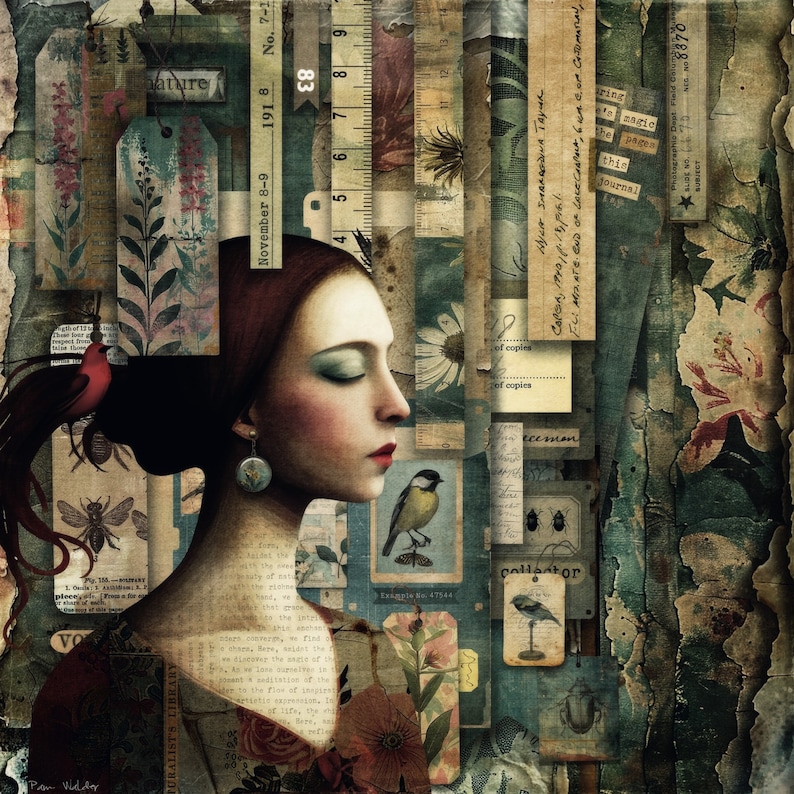 Peut inclure: Un collage d'&eacute;ph&eacute;m&egrave;res vintage avec un visage de femme au centre. La femme a de longs cheveux bruns et porte un collier. Le collage comprend des images de fleurs, d'oiseaux, d'insectes et du texte. Le texte comprend les mots "nature", "Novembre 8-9 1918", "N&deg; 7-1", "83", "of copies", "ecemm", "collantor", "ring the magic pages of this journal", et "8370".