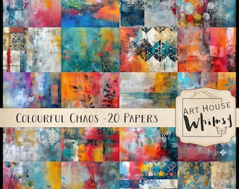 Colourful Chaos - 20 Mixed Media Painterly Papers/Backgounds (11x8.5"), CU, Junk Journal, Digital Art