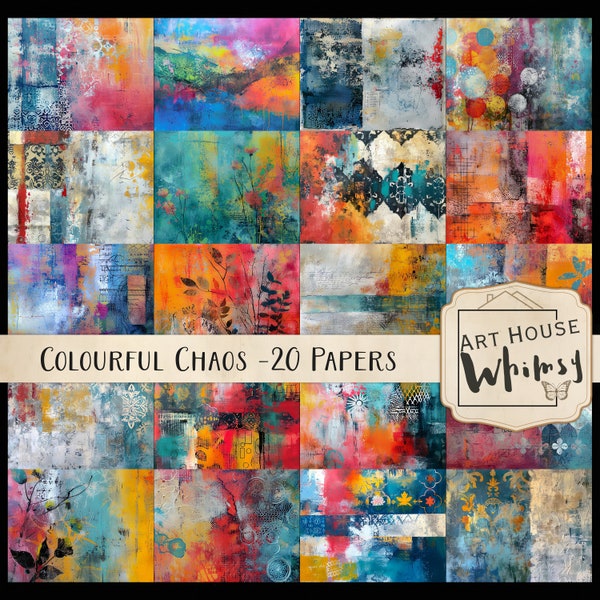 Colourful Chaos - 20 Mixed Media Painterly Papers/Backgounds (11x8.5"), CU, Junk Journal, Digital Art