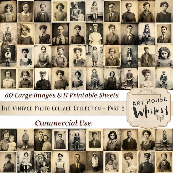 Die Vintage Photo Collage Collection-Part 3 - 60 große Bilder & 11 Collage Sheets für Junk Journals, Digital Art, Alte Portraits