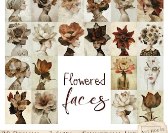 Flowered Faces:  Floral Faces JPEGs, 20 Ladies with Flowers Art (Commercial Use)