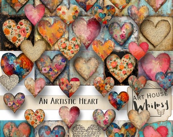 An Artistic Heart - 20 Mixed Media Painterly Hearts (3 sizes) Jpegs & Pngs, Valentines Love, Junk Journal, CU, Digital Art, Digital Download