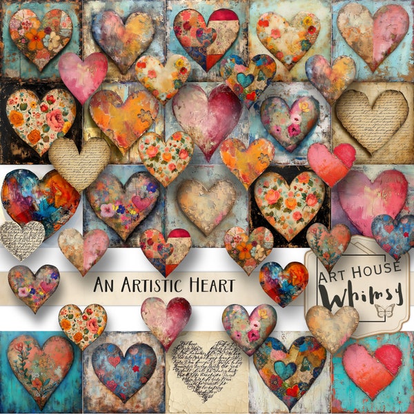 An Artistic Heart - 20 Mixed Media Painterly Hearts (3 sizes) Jpegs & Pngs, Valentines Love, Junk Journal, CU, Digital Art, Digital Download