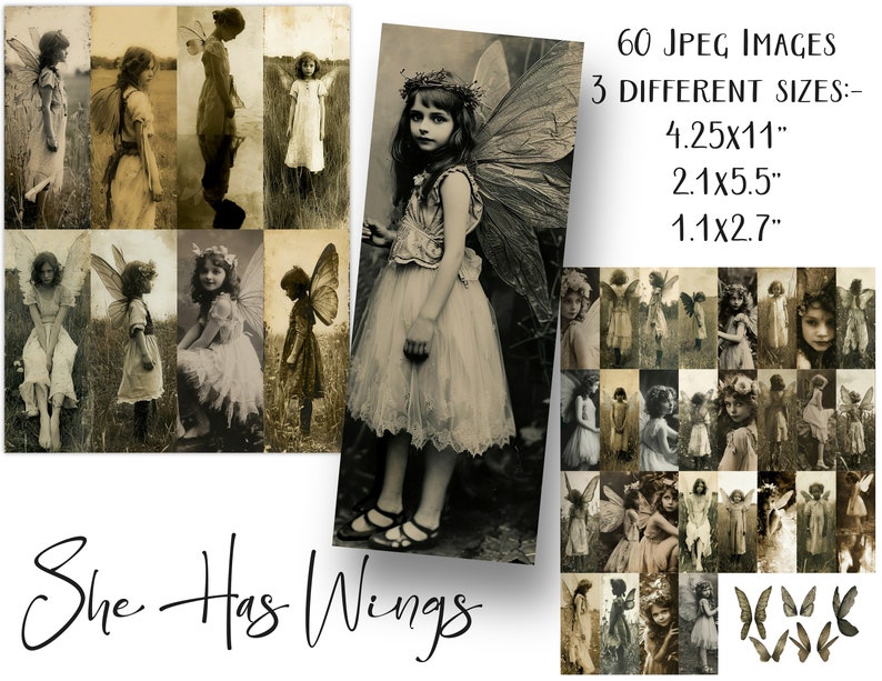 She Has Wings 60 Vintage Fairy Images 3 Sizes & Bonus Wings for junk journals, Digital Art, Old Fairy Photographs image 2