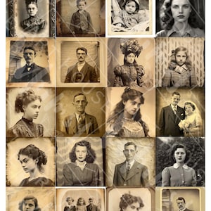 K&ouml;nnte beinhalten: Eine Vintage-Fotocollage mit 16 Schwarzwei&szlig;bildern von Menschen aus verschiedenen Epochen. Die Bilder sind in einem Raster angeordnet und auf strukturiertem Papier gedruckt.