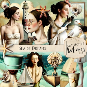 Sea of Dreams-Vintage Beach Kit, 24 Pngs, 6 Papers, 5 afdrukbare vellen, grillige zomerkust, Summer Vibes, CU, digitale download