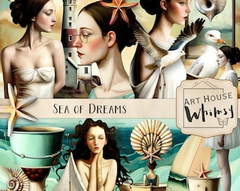 Sea of Dreams-Vintage Beach Kit,24 Pngs,6 Papeles,5 Hojas Imprimibles, Caprichosa Costa de Verano,Vibraciones de Verano,CU, Descarga Digital