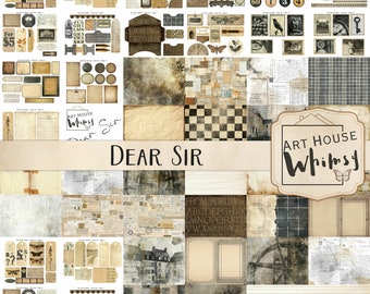 Dear Sir - Grunge Style Masculine Vintage Neutral Journal Kit, 57 Collage Sheets (11x8.5&quot;), 129 Pngs, Junk Journal, CU