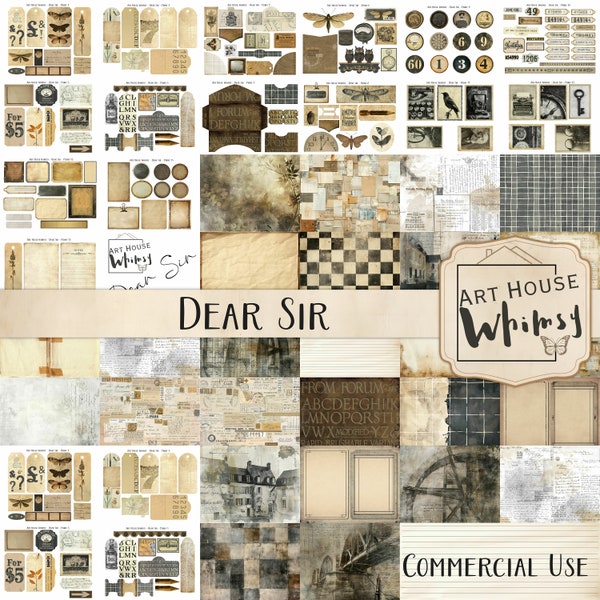 Dear Sir - Grunge Style Masculine Vintage Neutral Journal Kit, 57 Collage Sheets (11x8.5"), 129 Pngs, Junk Journal, CU