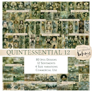 Puede incluir: Una hoja de collage digital titulada QUINTESSENTIAL 12 de ART HOUSE Whimsy que presenta 80 diseños JPEG, 12 sentimientos y 4 variaciones de tamaño. La colección muestra numerosos retratos de figuras en tonos verdes y tierra, escenas naturales.