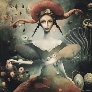 May include: A surreal painting of a woman with a red hat and a long, flowing dress. She is surrounded by various sea creatures, including fish, shells, and an octopus. The painting is done in a muted color palette, with shades of green, blue, and brown.