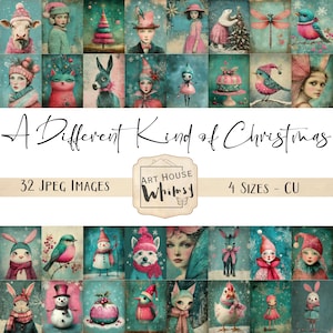 Un autre type de Noël - 32 images, 4 tailles, images fantaisistes de Noël rose et bleu sarcelle, art numérique, Junk Journal, CU