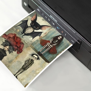 May include: A collage of four illustrations printed on a white sheet of paper. The illustrations feature a bat with black and white stripes, a girl with a red and black dress, a girl with a red flower on her head, and a figure with a black and white striped suit.