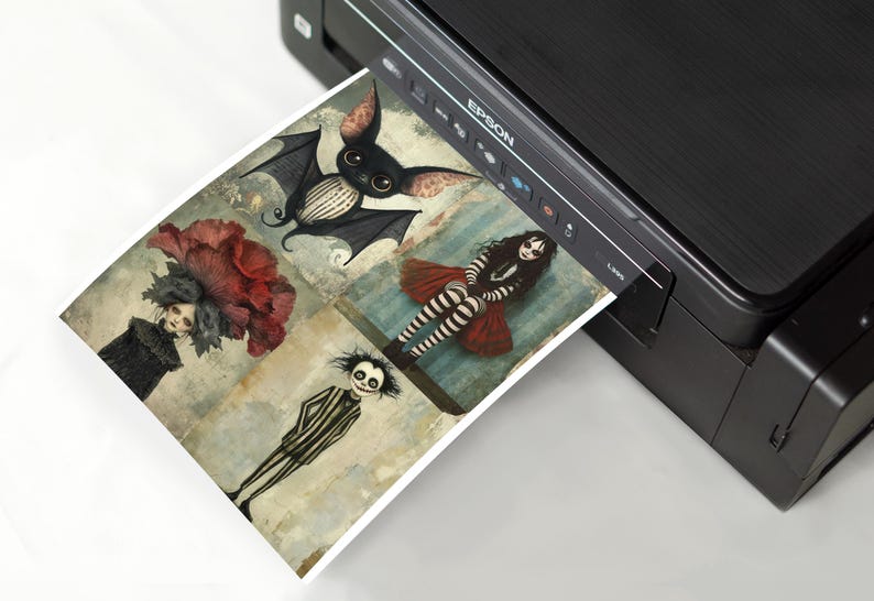 May include: A collage of four illustrations printed on a white sheet of paper. The illustrations feature a bat with black and white stripes, a girl with a red and black dress, a girl with a red flower on her head, and a figure with a black and white striped suit.