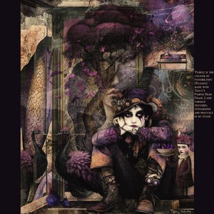 May include: An artistic illustration featuring a person in purple attire with steampunk-style goggles and a hat. The artwork incorporates a tree, birds, and text that reads "Purple is the colour of possibilities".