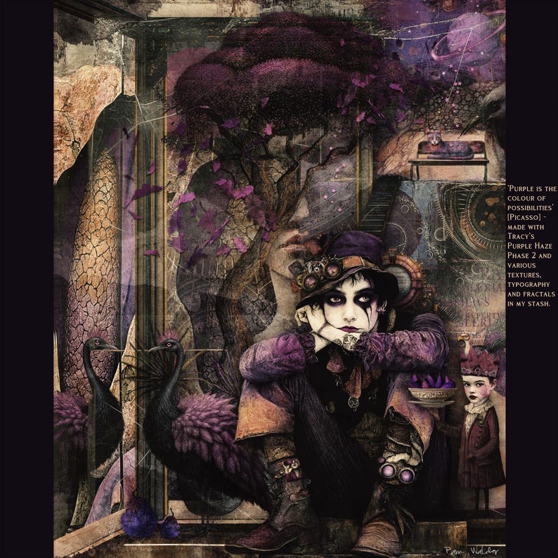 May include: An artistic illustration featuring a person in purple attire with steampunk-style goggles and a hat. The artwork incorporates a tree, birds, and text that reads "Purple is the colour of possibilities".