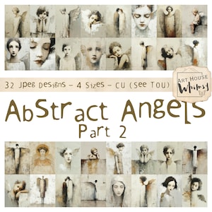 Könnte beinhalten: Digitaldruck mit 32 Engel-Illustrationen in verschiedenen Posen und Stilen, angeordnet in einem Raster. Die Kunstwerke verwenden eine neutrale Farbpalette und enthalten den Text "Abstract Angels Part 2".