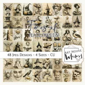 Puede incluir: Un collage digital de 48 ilustraciones de Halloween de estilo vintage con niños, brujas, esqueletos y calabazas. El texto dice Faces of HALLOWEEN, 48 JPEG DESIGNS - 4 SIZES - CU y ART HOUSE Whimsy. Las imágenes están en tonos sepia y negro.