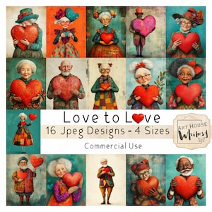 Love to Love - 16 corazones de amor extravagantes, coloridos y extravagantes para personas mayores, arte digital en formato Jpeg (8,5 x 11 pulgadas), CU, Junk Journal, arte digital