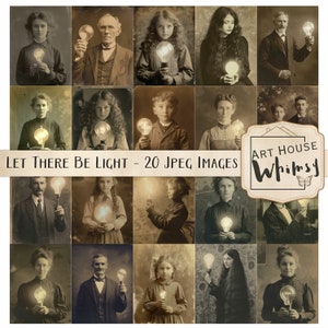 Let There Be Light - 20 vintage portretten met gloeilampen (3 maten) junkjournals, digitale kunst, steampunk/industriële foto's