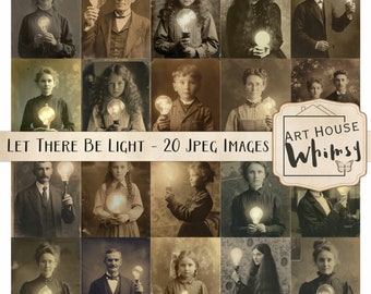 Let There Be Light - 20 Vintage Portraits with Lightbulbs (3 Sizes) junk journals, Digital Art, Steampunk/Industrial Photographs