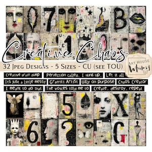 以下が含まれることがあります： 5つのサイズで32個のJPEGデザインのコラージュ。ミクストメディアアートが特徴です。「Creative Chaos」や「Creative brain dump」などのテキストオーバーレイが付いた顔、数字、文字、抽象的な要素が含まれています。カラーパレットは主にニュートラルで、赤と黄色のアクセントがあります。