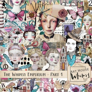 The Whimsy Emporium Część 1 - Zestaw do scrapbookingu cyfrowego w technice mieszanej (nie wersja drukowana) 198 obrazów PNG, 20 papierów, sztuka cyfrowa, CU,