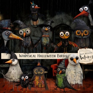 Grillige Halloween-vogels, leuke Halloween-graphics, griezelige clipart, 12 png-elementen en 12 achtergrondpapier, ongewenste tijdschriften, digitale kunst, CU