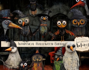 Whimsical Halloween Birds:  Spooky Clipart Graphics & Papers (CU)
