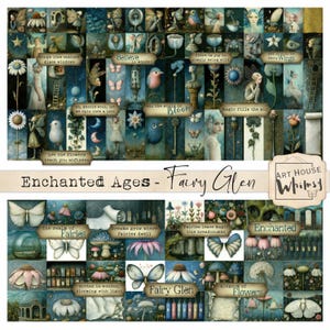 Enchanted Ages - Fairy Glen - Flores y hadas caprichosas en tonos azules y rosas, 96 diseños, 15 sentimientos, 4 tamaños, arte digital, diario basura, CU