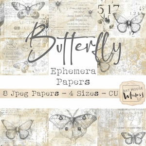 Butterfly Ephemera Papers - 8 Elegant Neutral Vintage Collage Butterfly Background Papers 11x8.5"  (4 Sizes), Junk Journals, Digital Art,