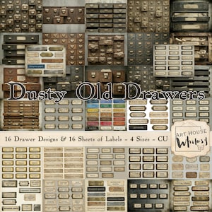 Peut inclure: Un collage de modèles de tiroirs et de feuilles d'étiquettes de style vintage. L'image présente divers tiroirs en bois et en métal vieillis, avec des étiquettes dans une variété de polices. Le texte "Dusty Old Drawers" est bien en évidence, ainsi que "16 Drawer Designs & 16 Sheets of Labels - 4 Sizes - CU".