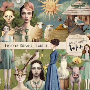 Field of Dreams część 3 - Whimsical Ladies, Elementy projektu kompozytowego, CU, Junk Journal, Pobieranie cyfrowe, 30 obrazów PNG, 10 dokumentów i materiałów do druku