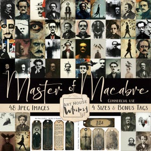 Master of Macabre - 48 disegni Jpeg, più tag, Edgar Allan Poe, 4 dimensioni, grafica spettrale e inquietante di Halloween, arte digitale, diario spazzatura, CU