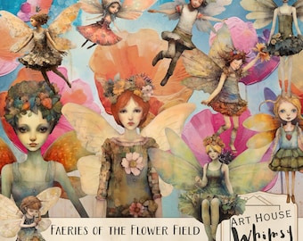 May include: A whimsical illustration of fairies in a flower field. The fairies have colourful wings and are wearing floral dresses. The background is a vibrant blue sky with pink and orange flowers.