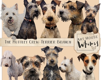 The Muttley Crew - Terrier Branch:  Dog Breeds Clipart, Mixed Media K9 PNGs, Printable Sheets (Commercial Use)